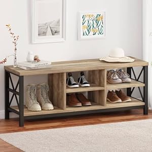 FATORRI Shoe Bench Entryway with Storage Industrial Wood and Metal Hallway Benches with Adjustable Shelves Rustic Entry Way Bench for Living Room 4724 Inch Long Rustic Oak