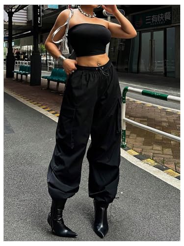 Verdusa Women's Plus Size Cargo Pants Drawstring High Waist Flap Pocket Loose Trousers4