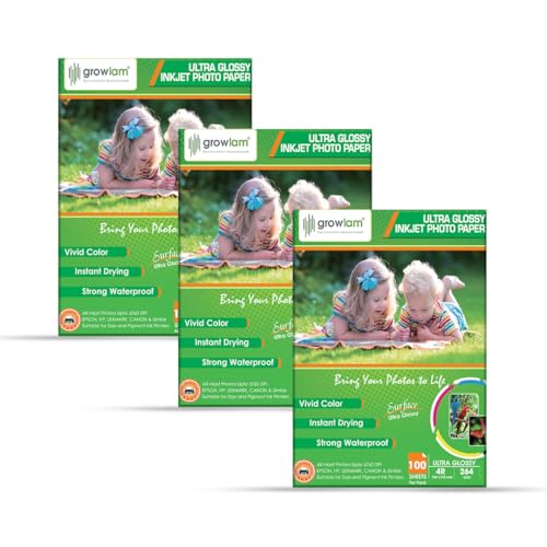 Image of Growlam Ultra Glossy Photo Paper 264 GSM 4R Size, 100 Sheets (Pack of 3) | Waterproof Technology, Instant Drying, Superior Colour Accuracy, Outstanding Ink Absorption, Resin-Coated for Long Durability