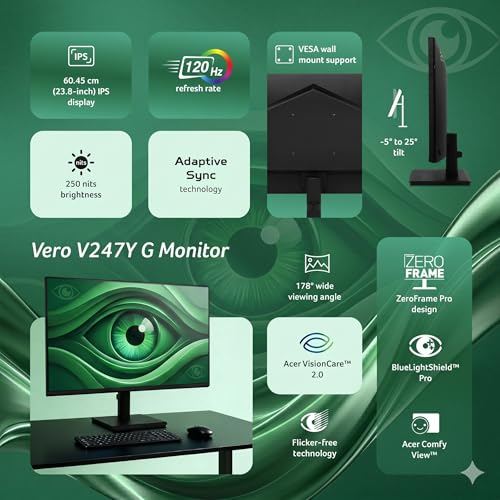 Image of Acer Vero V247Y G 23.8 Inch Full HD IPS Monitor I 120Hz Refresh, AdaptiveSync I 99% sRGB, 1500:1 Contrast I 2x2W Speakers I HDMI +VGA I ZeroFrame I VisionCare 2.0 I VESA I Energy Star I Black