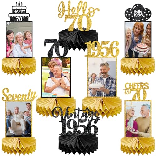 Image of Eucutur 8Pcs 70th Birthday Decorations Honeycomb Centerpieces for Women Men, Black Gold Vintage 1956 70th Bday Photo Table Centerpieces Party Supplies, Glitter Cheers to 70 Year Old Bday Table Topper