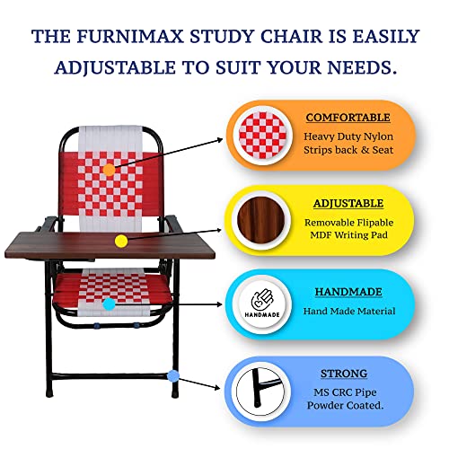 Image of Adjustable Writing Pad Study Desk Chair | Mild Steel Foldable Frame | Comfortable Red & White Niwar Seat | Ideal for Coaching, Home, Kids, Students, Office, Study Room Use (Red & White)