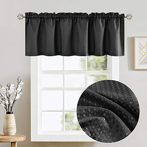 Lazzzy Black Waffle Weave Cafe Curtains Waterproof Kitchen Window Curtain Valance for Bathroom