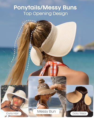 FURTALK Sun Hats for Women Wide Brim Beach Hat Straw Visor Ponytail Summer UV Packable Foldable Beach Vacation Essentials - Image 4