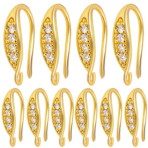 Hmjpng 10Pcs 18K Gold Plated Cubic Zirconia Earring Hooks Brass Ear Wire Earring Posts Earwires With Dangle Loops For Women Girls Diy Jewelry Earring Making Findings #TOP28