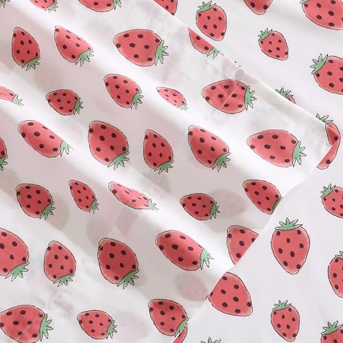 Image of Poppy & Fritz - Full Size Sheet Set, 100% Long-Staple Percale Cotton Bedding, Crisp & Cool, Deep Pockets, Bed Sheets with Matching Fitted Sheet & Pillowcases (Strawberry Picnic Pink)
