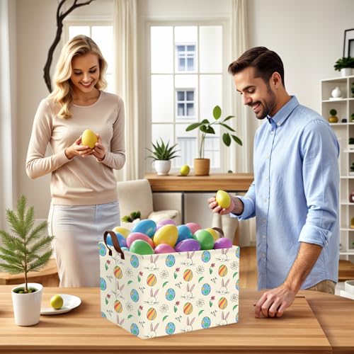Image of Large Cute Easter Basket for Kid Empty Gift Baby Rectangle Storage Bin Bunny Eggs Boy&Girl Room Decor (Egg Rabbit Flower)