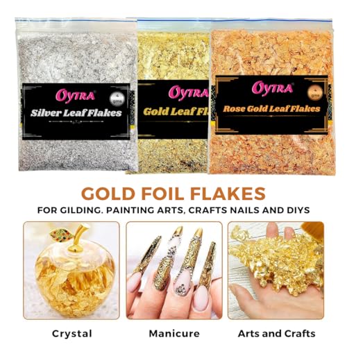 Image of Oytra Gilding Flakes Silver and Gold Metallic Foil Leaf Paper Flakes Set of 3 Color Packets DIY Art Craft Materials for Resin Nail Art Cake Decoration Painting Soap Making Supplies for Beginners Artists