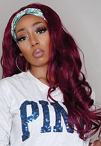 SYMEIW Headband Wig Synthetic Long Wavy Wine Red Headband Wigs for Black Women Natural Looking High Density Glueless Synthetic Wig Heat Resistant (Wine Red)