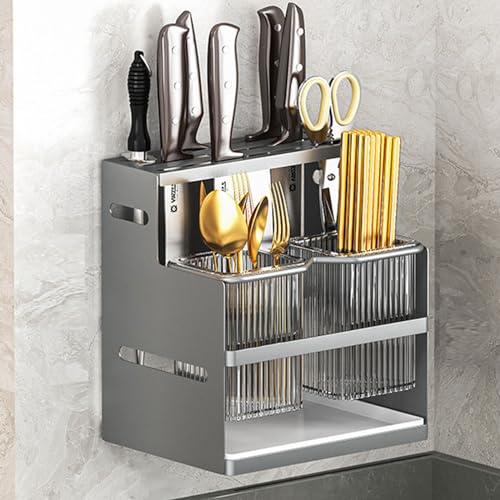 Dxcaicc Kitchen Storage Racks with Knife Holder,Tableware Utensil Holder with Drain Tray,Knife and Fork Container for Cabinet,Kitchen Countertop Rack for Cooking Tools,Grey