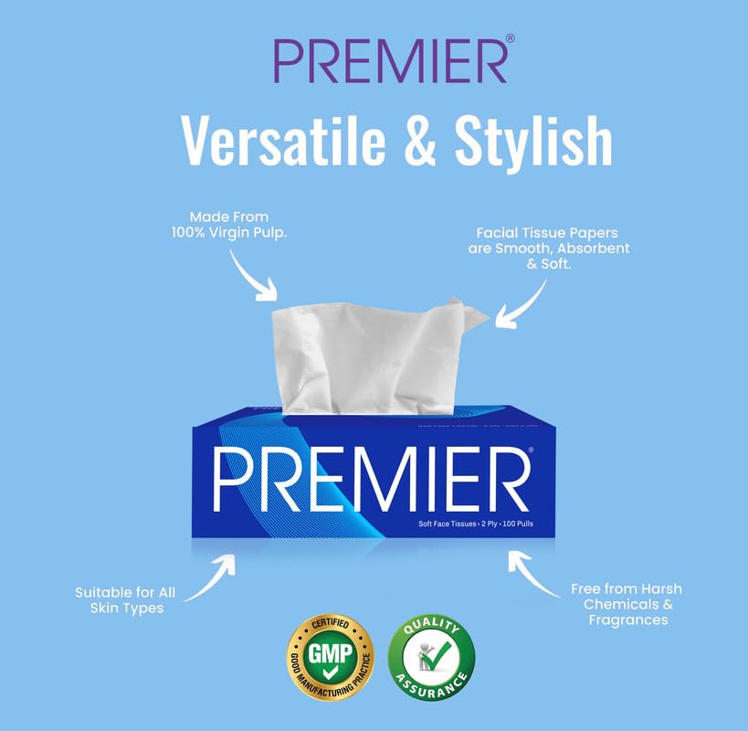 Image of Premier 2-Ply Box Face Tissue Papers - 100 Pulls per Box (Pack of 4, 400 Pulls, 800 Sheets) -Ultra Soft, Gentle & Highly Absorbent Facial Tissues for Home, Office, Car & Travel | Blue