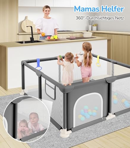 Dripex Laufstall Baby 124x124cm, Laufgitter Baby, Laufstall mit atmungsaktivem Netz, Laufgitter 210D Oxford Gewebe, Playpen, kinderlaufstall, Dunkelgrau