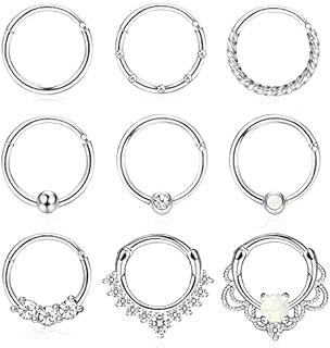 Kakonia 9Pcs Septum Jewelry 16G Daith Earrings Hoop Nose Ring for Women Men CZ Opal Septum Clicker Hinged Nose Ring 316L Stainless Steel Cartilage Tragus Helix Piercing Jewelry 8mm 10mm Septum Rings