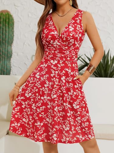 Image of OURIN Women's Spring Deep V Neck Sleeveless Floral Sundresses with Pockets Flowy Summer Dresses for Women