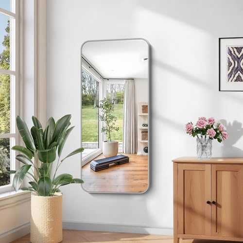 Image of KOCUUY Silver Bathroom Mirror, 24x48 Inch Bathroom Mirror for Over Sink, HD Tempered Glass, Anti-Rust Brushed Silver Frame, Rounded Corner Modern Design for Bathroom, Hang Horizontal /Vertical