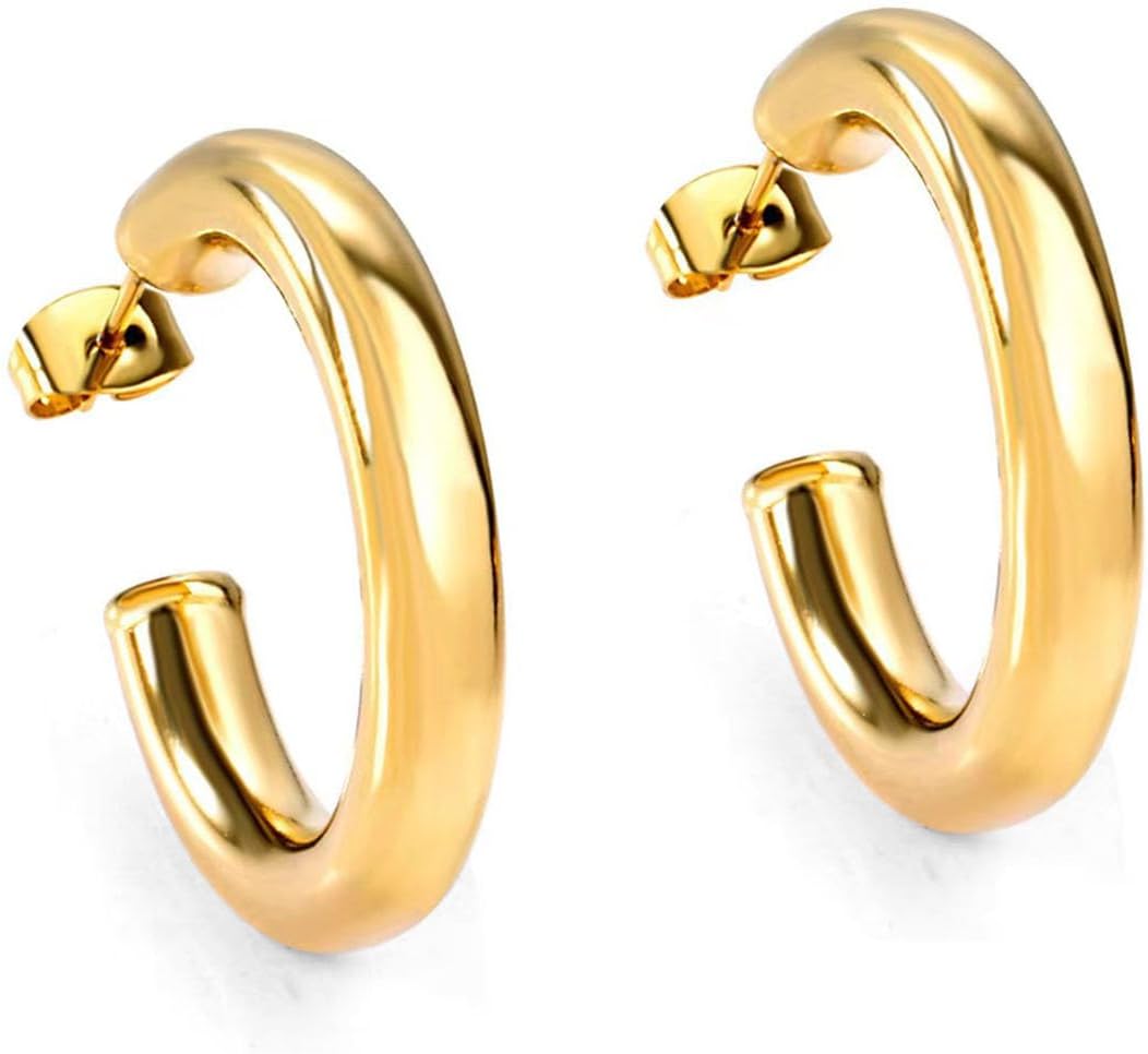 GLESOSGold Hoop Earrings for Women, 18K Gold Plated Hypoallergenic Lightweight C-shaped Huggie Hoop Earrings