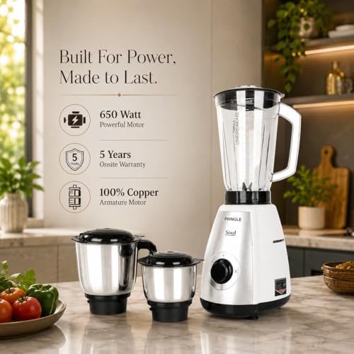Image of Pringle Soul 650W 3 Jars Mixer Grinder | 5 Year Warranty | 45 Min Non Stop Running | 2 SS Jars (Wet & Dry Grind, Chutney Jar) 1 Juicing Jar | Copper Motor | SS Blades | White Silver