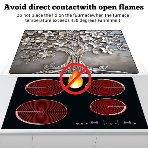 Image of Multi-Design Stove Top Cover for Glass /Electric Stoves - 3-in-1 Heat-Resistant Protector Mat, Non-Slip Drying Rack 28 inchx20 inch (Silver-Tree, 28 inch L x 20 inch W)