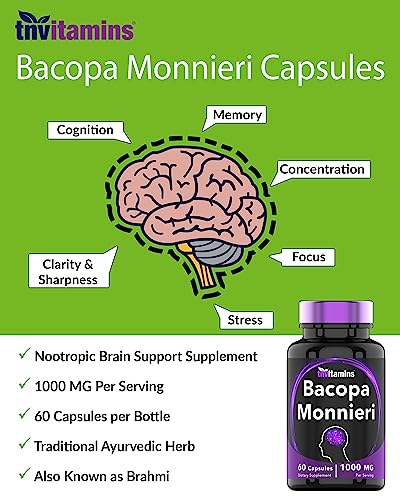 Tnvitamins Bacopa Monnieri Capsules 1000 Mg (60 Capsules) | Nootropic Brain Support Supplement* | Bacopa Leaf Extract Powder Pills #TOP3