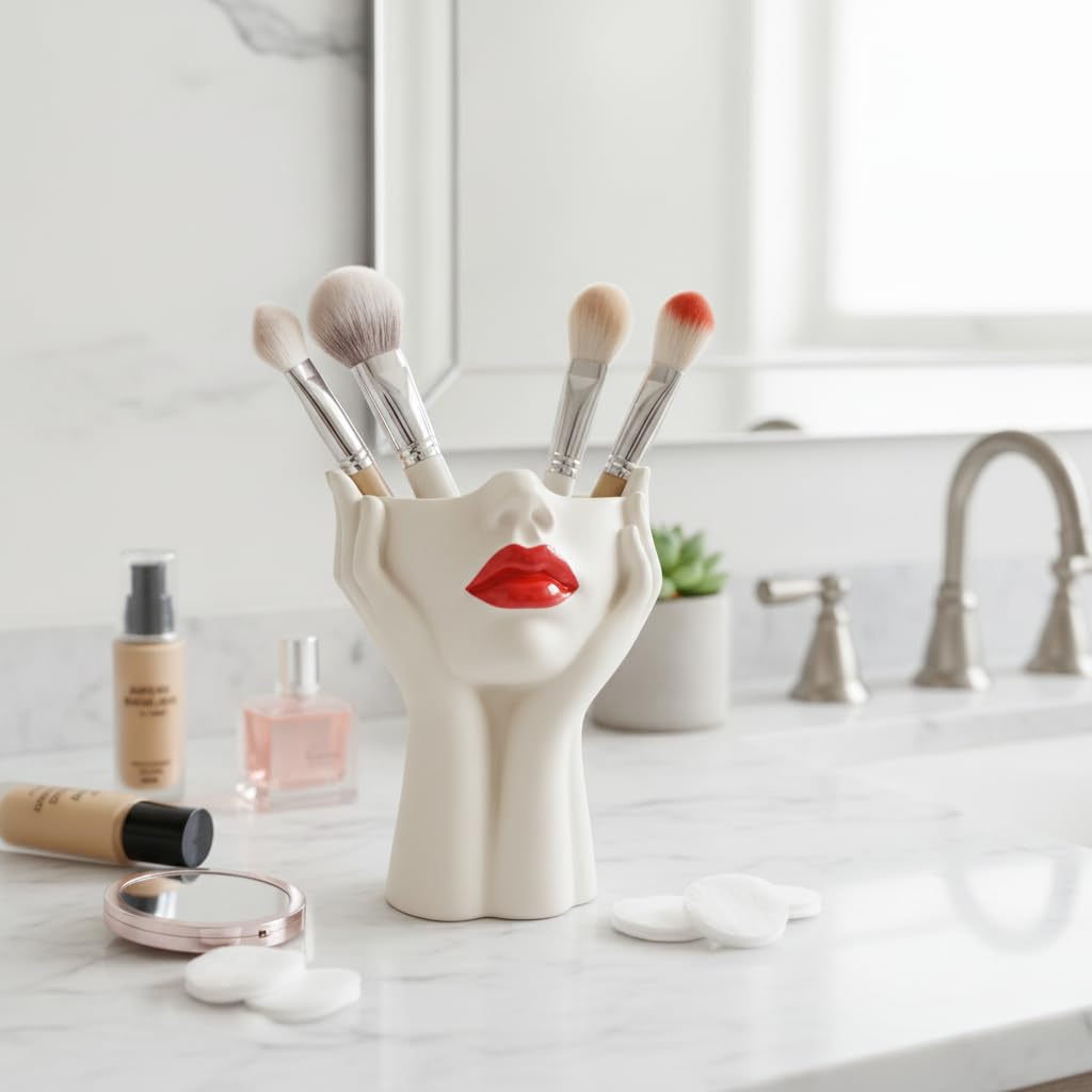 Creative Makeup Brush Holder - 7 Inch Aesthetic Face Vase for Vanity Desk Decor-image-21