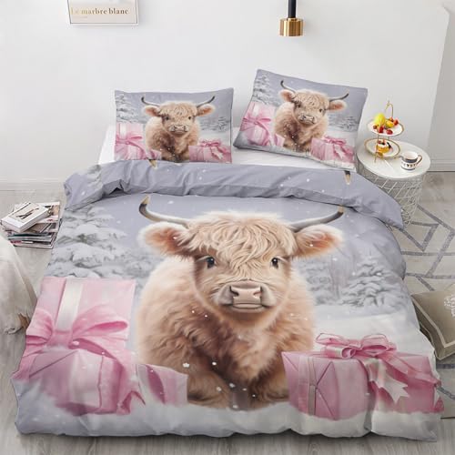 Christmas King Size Duvet Cover Sets - Highland Cow Bedding Set - Reversible Quilt Cover & 2 Pillowcases with Zipper and Ties, Ultra Soft and Non Iron Brushed Microfibre Bed Set 230x220 H-9&-298