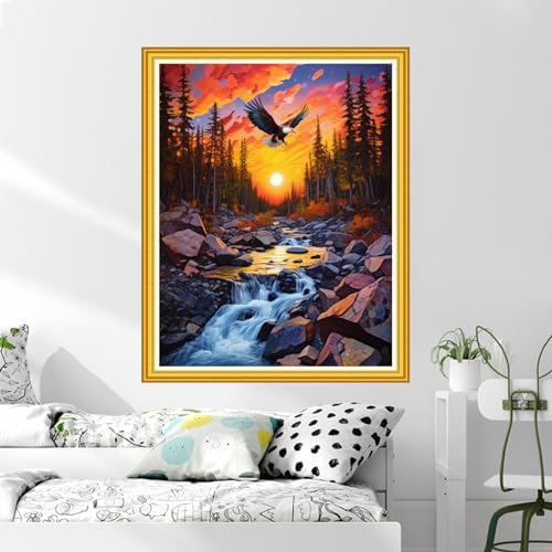 Image of DMCVIVR Stamped Cross Stitch Kits for Beginners Adults Needlepoint Kits for Beginners Embroidery Kits for Adults Crossstitch Kit for Beginners 11CT-Sunrise Scenery 16x20 inch