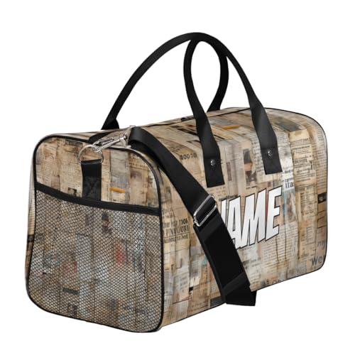 Personalized Abstract Geometric Travel Duffel Bag with Name, Custom Gym Sport Bag Newspaper Pattern Carry On Weekend Overnight Duffel Bag for Men Women3