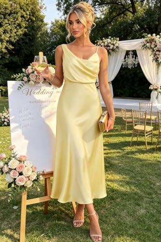 Image of Women's Summer Satin Dress Elegant Cowl Neck Adjustable Spaghetti Strap Wedding Guest Cocktail Party Maxi Dresses