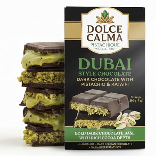 Dolce Calma Dubai Chocolate Bar Dark (200g / 7oz) – Viral Authentic Handmade Belgian Chocolate...