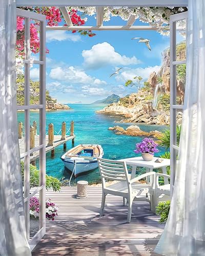 Musevial   Kit de punto de cruz con paisaje de playa estampado   Motivo impreso colorido fácil, kits de punto de cruz para adultos principiantes, regalo 30x40 cm