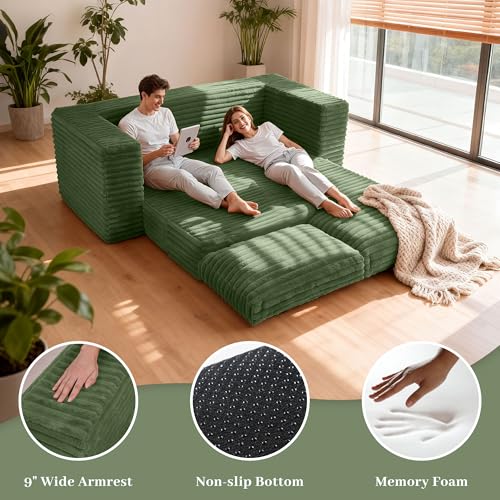 Image of HABUTWAY 62 inch Small Boneless Couch,3-in-1 Convertible Folding Sofa Bed, Corduroy Loveseat Sofa Bed w /2 Pillows for Living Room /Guest Room No Assembly Required, Green