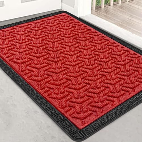 Image of Yellow Weaves 1 Pc Rectangular Door Mat for Home Entrance,Outdoor Rubber Mat,Non-Slip,Anti Skid Foot Mat,Dirt Trapper,Heavy-Duty,Weather-Resistant,Waterproof Doormat(40x60cms,Geometric,Red Color)