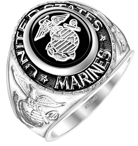 US Jewels Customizable Men's 0.925 Sterling Silver or Vermeil United States Marine Corps Military Solid Back Ring
