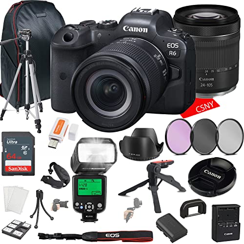 Canon EOS R6 Mirrorless Camera w/RF 24-105mm f/4-7.1 is STM Lens + 64GB Memory + Back Pack Case + Tripod, TTL Flash, Filters, & More (28pc Bundle)