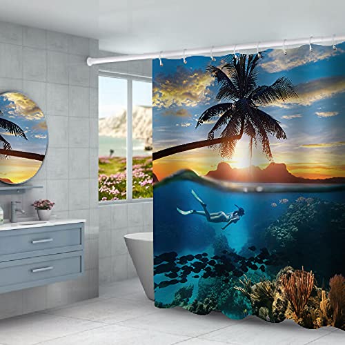 Nmpptm Hawaiian Beauty Diving Shower Curtain Sets With Non-Slip Rugs, Toilet Lid Cover And Bath Mat,Durable Waterproof Shower Curtain£¬4 Pcs Set #TOP1