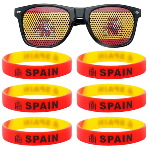 PHYNDR Lot bracelet 6 elastique Espagne bracelet kit supporter Espagne accessoire caoutchouc,Coupe du monde Avec des lunettes Espagne