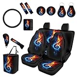 Forchrinse Fire Music Note Car Seat Covers Set - Steering Wheel + Headrest + Gear Shift + Handbrake Cover + Cup Coasters + Trash Can