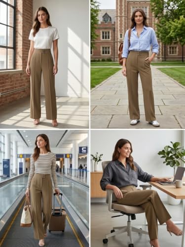 Image of GRECIILOOKS Korean Style Trousers | High Waist Wide Leg Formal Pants | Ankle Length Stretchable Office Wear | Button Closure Straight Fit | Regular Fit Pants for Women