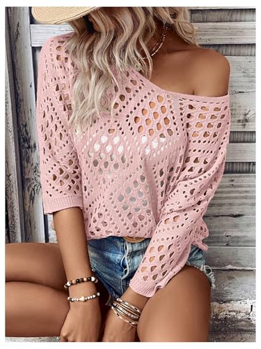 Image of Verdusa Women's Crochet Beach Summer Sweater 3 /4 Length Sleeve Boho Off The Shoulder Tops