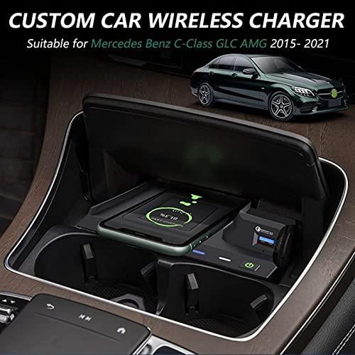 NAMEAL 10W Car Wireless Charger QI Phone Charging Board for W205 AMG C43 C63 AMG GLC 43 GLC X253 C Class GLC 2015-2021 with QC3.0 USB Port Car Phone Charger for All QI Smartphones