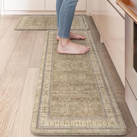 Ailsan Anti Fatigue Mats for Kitchen Floor,Boho Kitchen Rugs Sets of 2,Cushioned Kitchen Floor Mats Carpet Non Slip,Memory Foam Kichen Mat for Sink Laundry,Brown/Yellow Cover