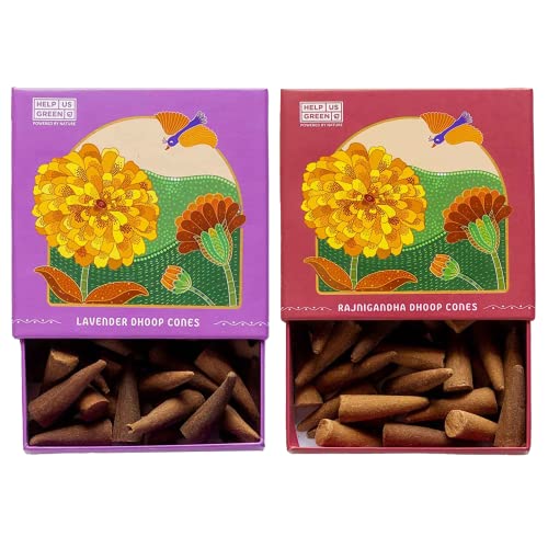 Image of HelpUsGreen Natural Dhoop Cones Lavender and Rajnigandha (80 Cones Pack of 2)|Charcoal Free Organic Incense Cones|Low Smoke Long Lasting Incense for Pooja Meditation Aromatheraphy|Free Ceramic Holder