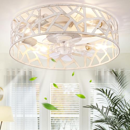 Image of 20 Inch Caged Ceiling Fans with Lights and Remote,Farmhouse Flush Mount Fandelier Ceiling Fan Vintage White, Low Profile Bladeless Ceiling Fans for Bedroom,Kitchen,Living Room