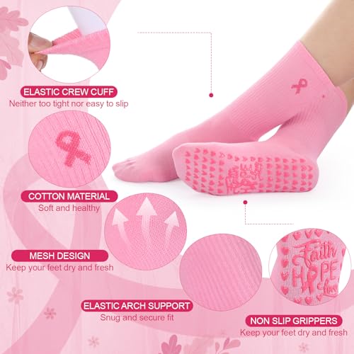 4 Pairs Pilates Socks with Ribbon for Women Funny Breast Cancer Awareness Socks Cotton Non Slip Yoga Crew Grippy Workout Ballet Athletic Hospital Gifts4