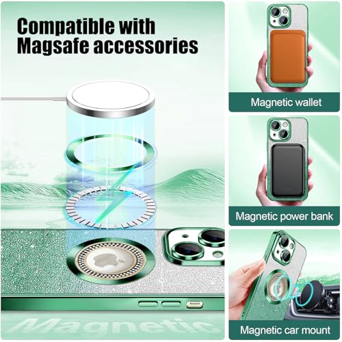 Image of Misscase for iPhone 14 Plus Magnetic Case Compatible with MagSafe,Full Protection Slim Shockproof Anti-Scratch Glitter Case with Camera Lens Protector Logo View Dust-Proof Net for Women Green