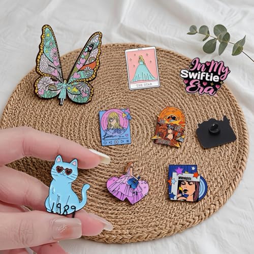 Image of 9-piece creative singer enamel pin set with storage box. Suitable for concerts. Era pins and friendship brooches are for collection and decoration. They are peripheral gifts for music lovers and fans of their lovers