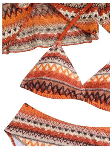 Image of SHENHE Girl's 3 Piece Geometric Swimsuit Halter Triangle High Waisted Bikini Set with Cover Up Orange 16Y