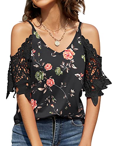 TFSDOD Summer Cold Shoulder Tops for Women Print V Neck Cutout