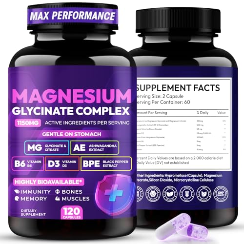 Magnesium Glycinate Complex 1150mg - Gentle on Stomach High Absorption Magnesium Capsules with Citrate Silica Ashwagandha & Vitamin B6 for Zzz Stress Relief Muscle Support for Adults Women & Men