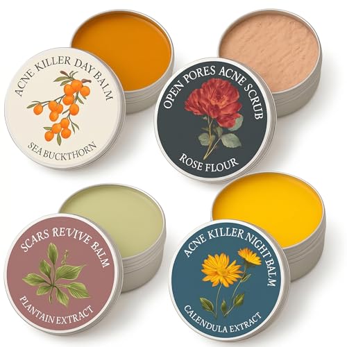 Organics Acne Balm Set with Squalane Oil Calendula Sea Buckthorn Rosehip & Arnica 4-Piece Balm & Scrub Kit for Uneven-Looking Skin Pore-Area Texture & Moisturizing Care 1.05 oz / 30 ml (4PCS)